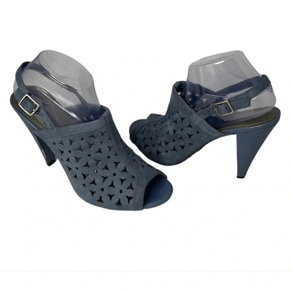 FIONI Corleone Blue Faux Suede Open Toe Slingback Heel Perforated Size 9.5 - Picture 2 of 11